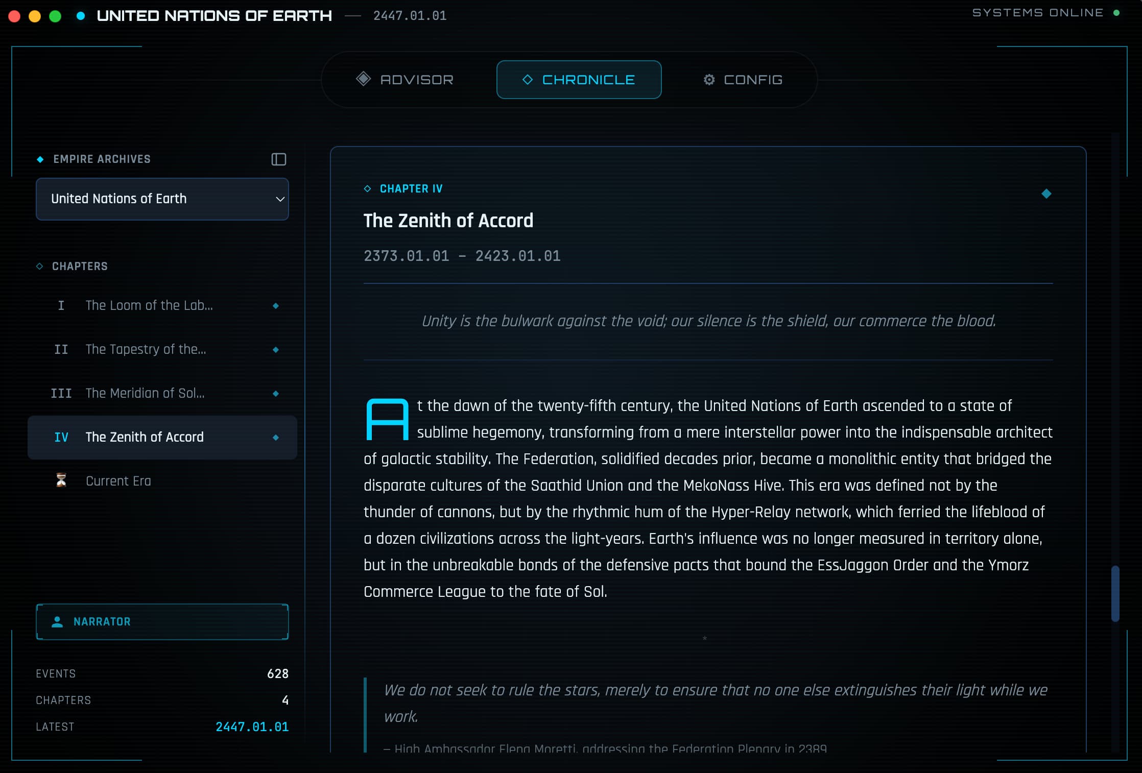 Stellaris Companion Chronicle view showing auto-generated narrative chapters