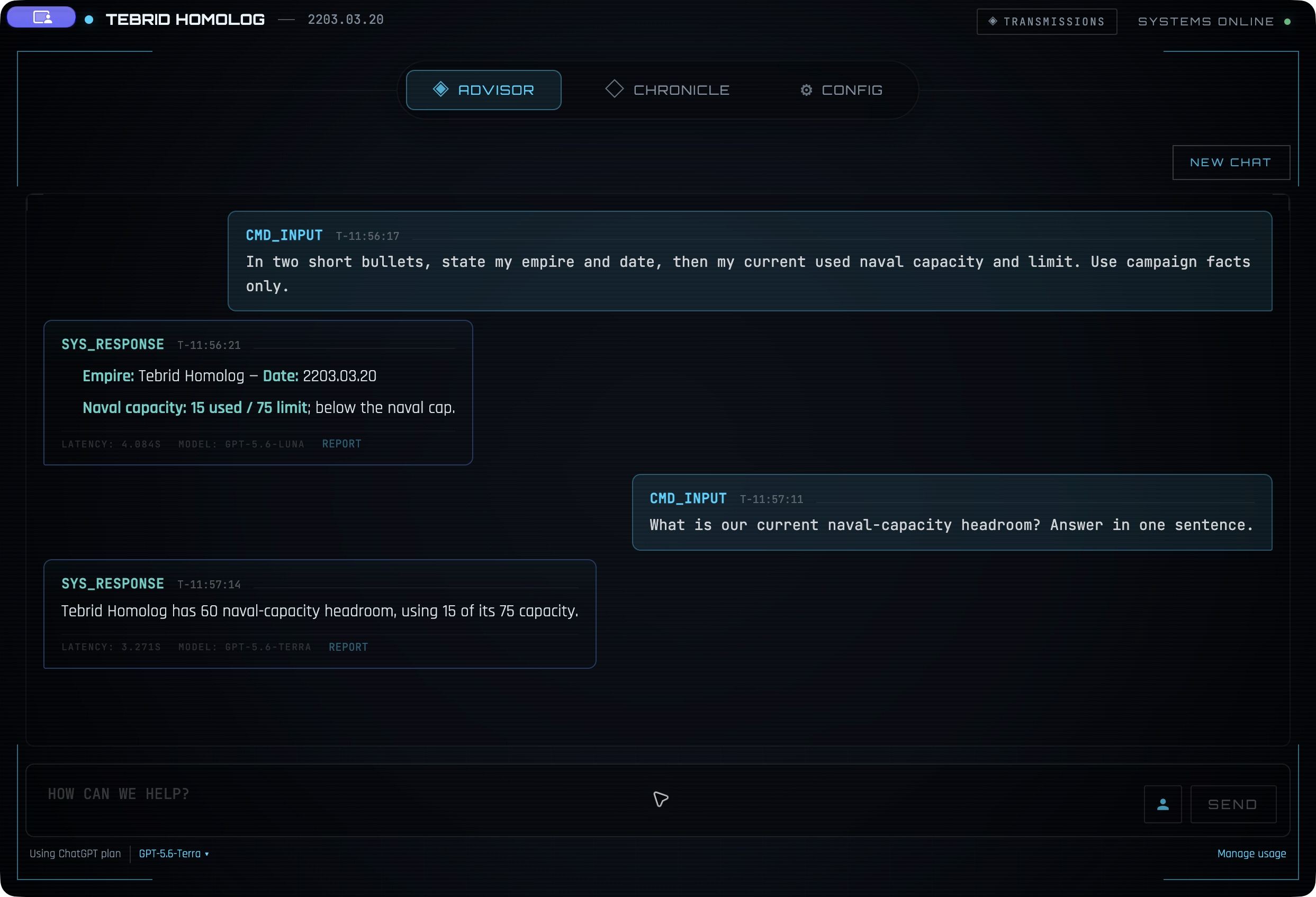 Stellaris Companion answering a question about the Tebrid Homolog campaign using a connected ChatGPT account, with model choices in the Advisor