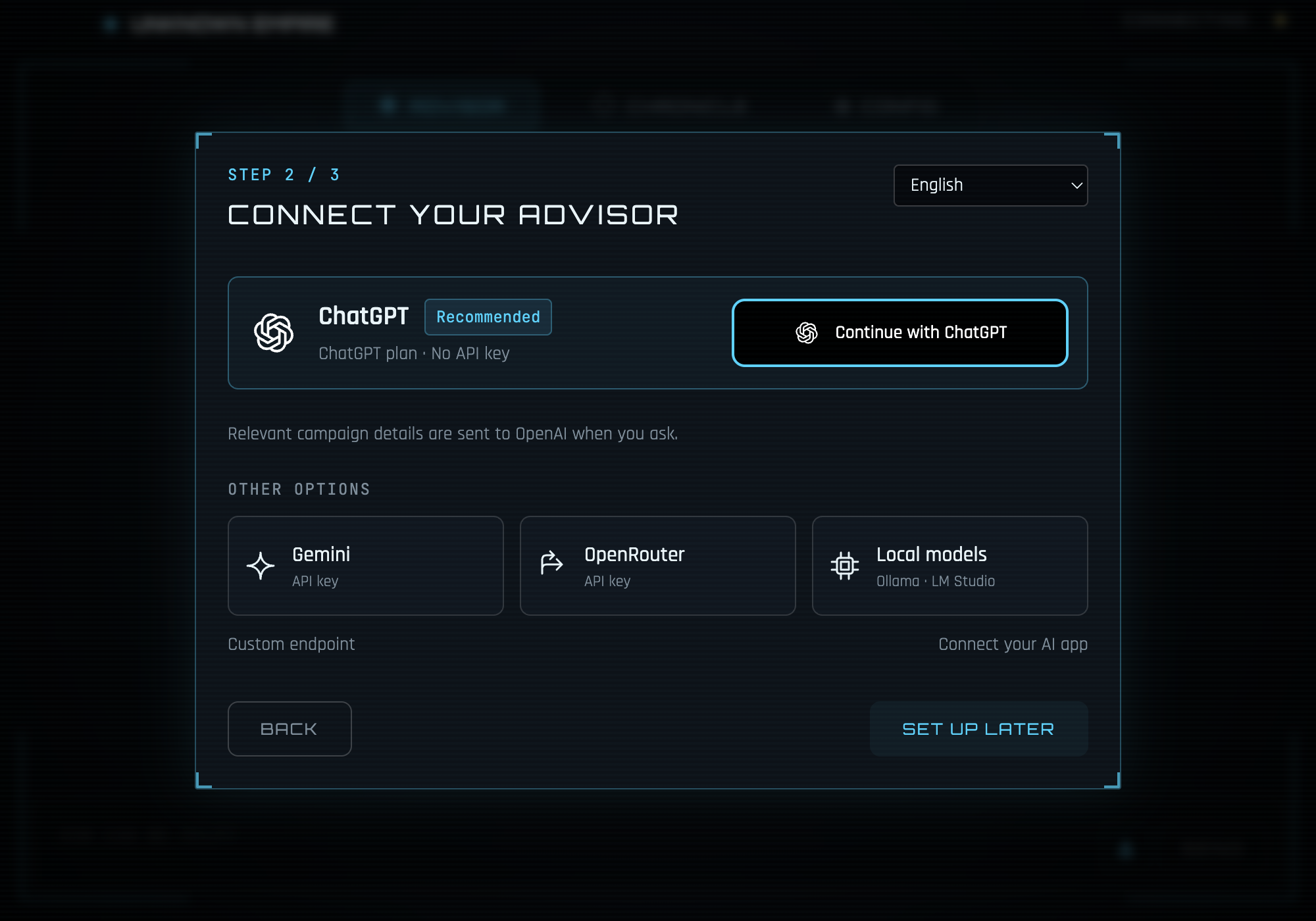 Connect your advisor in Stellaris Companion, with Continue with ChatGPT above the other provider choices